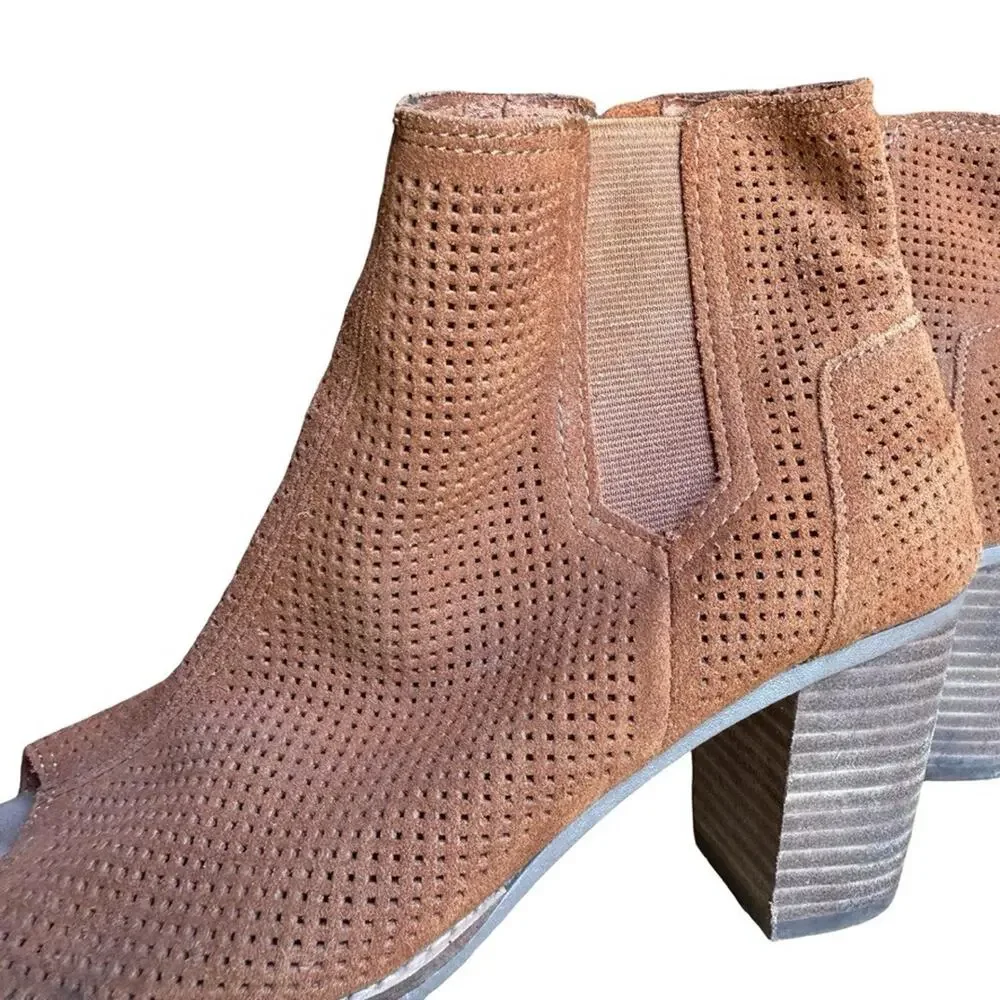 Toms Majorca Peep Toe Booties Perforated Chunky High Heel Boots Shoes Suede 7.5